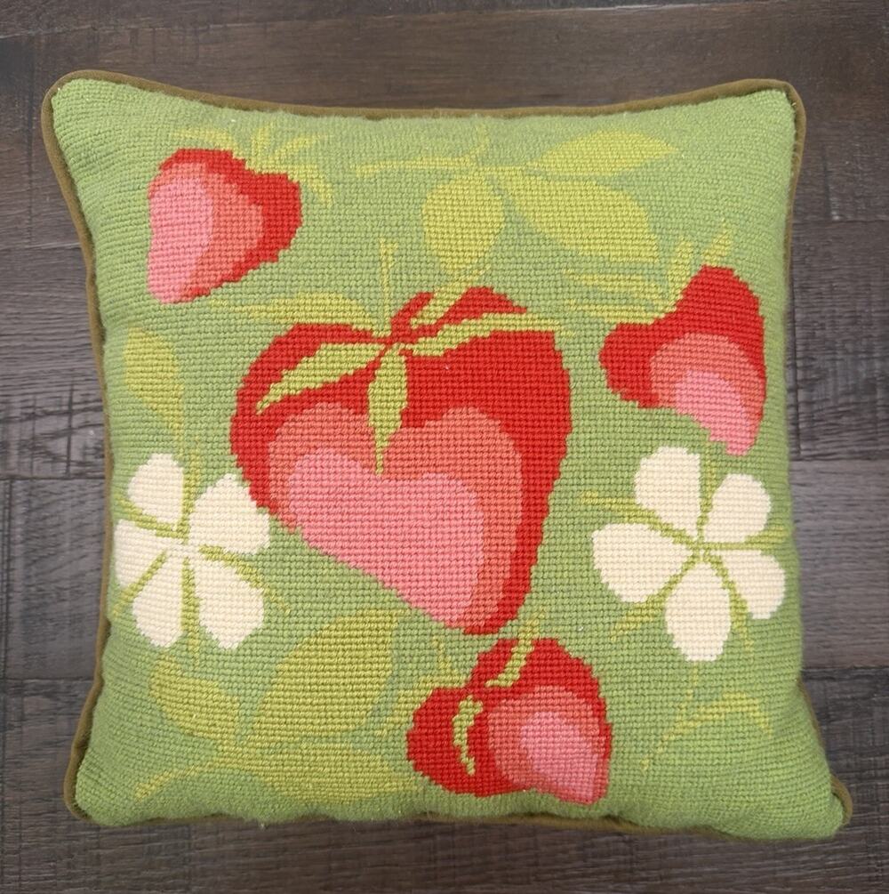 Vintage Needlepoint Strawberry Throw Pillow 13x13 Green Felt Back Handmade